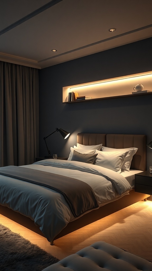 A cozy bedroom with under-bed lighting and integrated shelving lighting, showcasing soft illumination and a modern design.