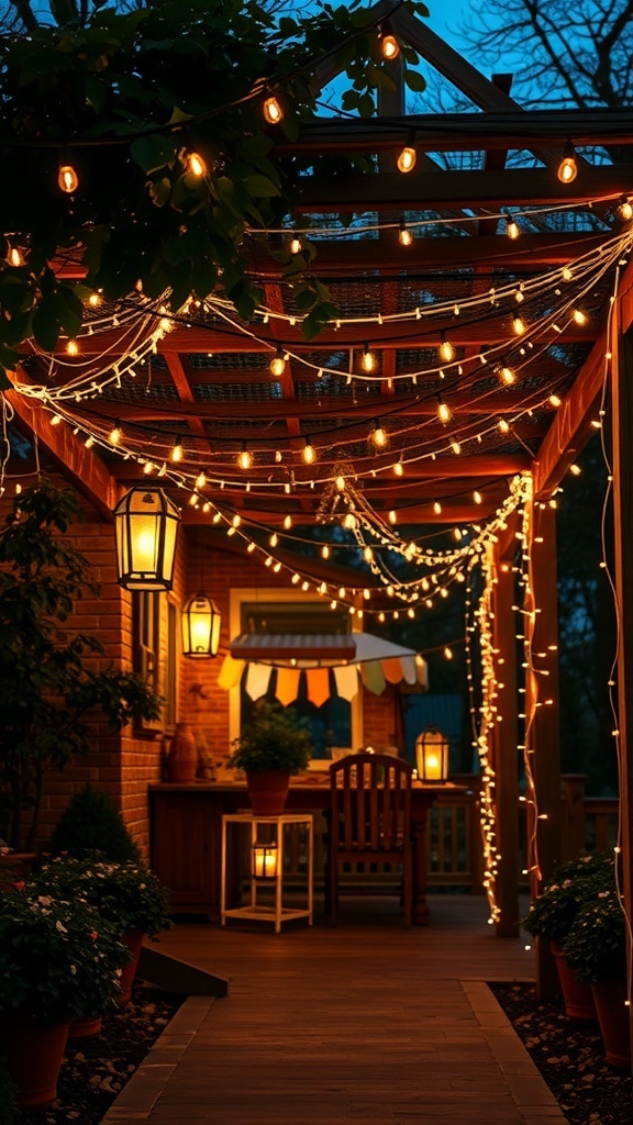 A beautifully lit pergola patio with string lights and lanterns, creating a warm and inviting atmosphere.