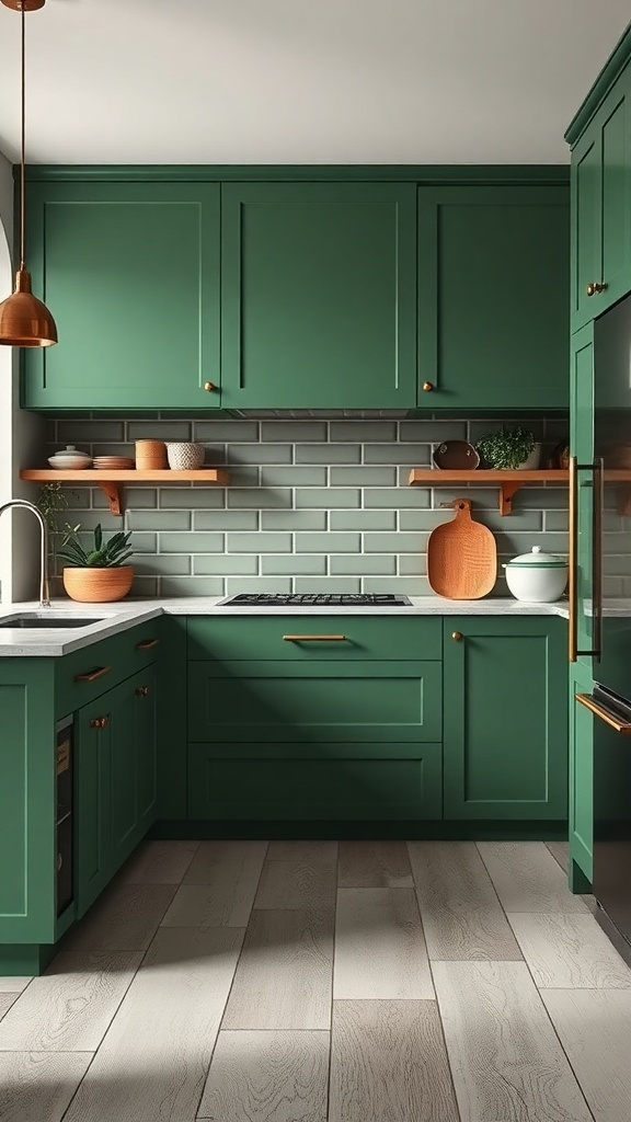 A modern kitchen featuring deep green cabinets, a light gray backsplash, and wooden shelves.