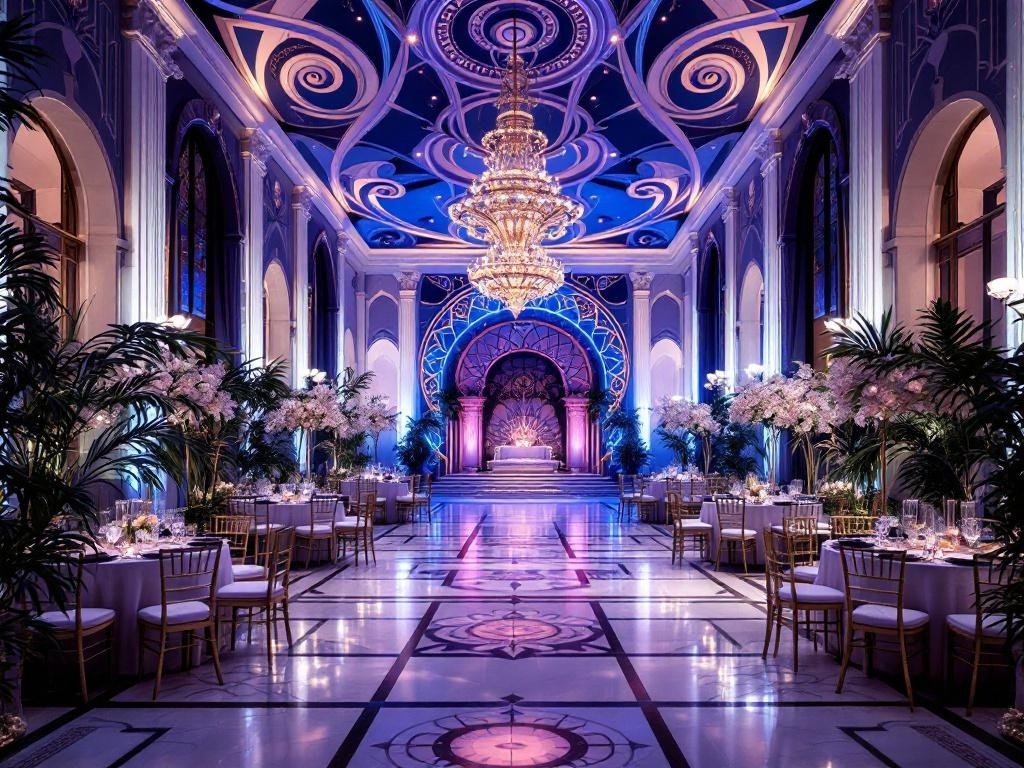 An elegant wedding reception with Art Nouveau design elements, featuring a beautiful ceiling, floral arrangements, and luxurious decor.