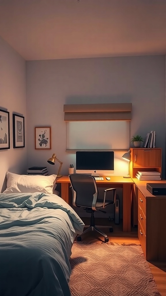 Cozy bedroom with a queen bed and a functional office setup featuring a desk and computer.