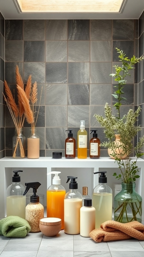 A stylish bathroom shelf displaying various natural cleaning products and decorative plants.