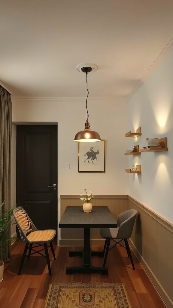 A small dining room featuring a pendant light above a table, with wall sconces and a warm color scheme.