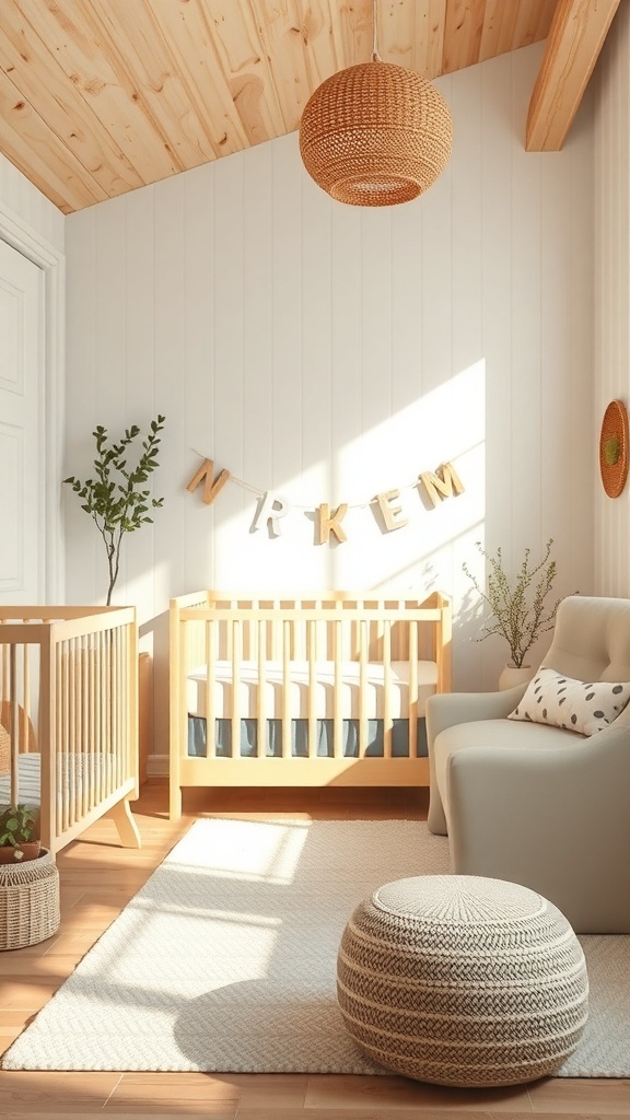 A bright and cozy nursery featuring solid wood cribs, a comfortable chair, and natural decor elements.