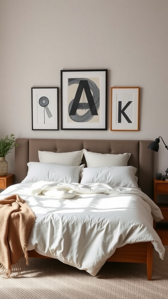 A modern bedroom featuring a stylish over-the-bed wall decor with framed art pieces.