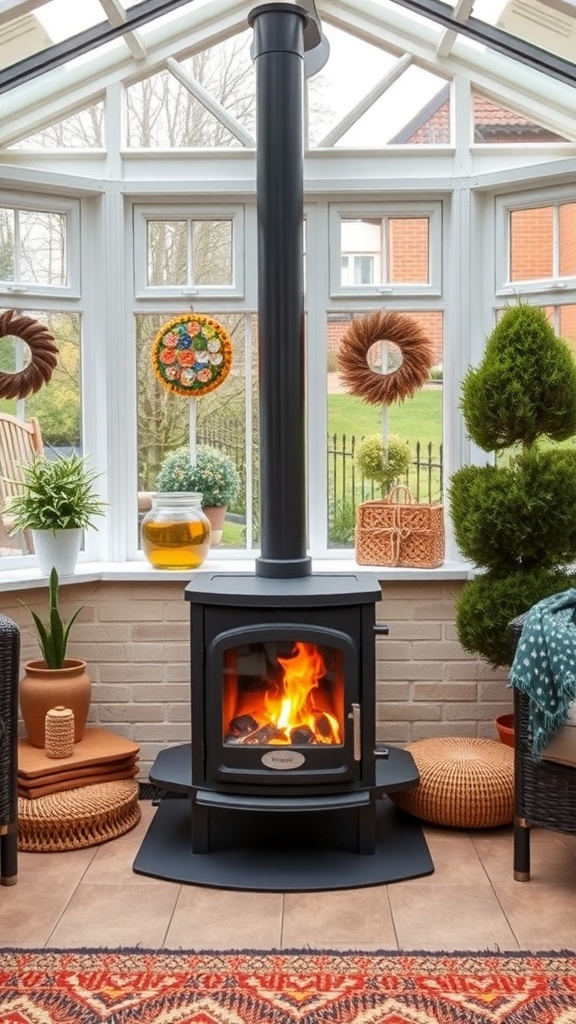 A cozy conservatory featuring a black electric stove with flames, surrounded by plants and decorative elements.