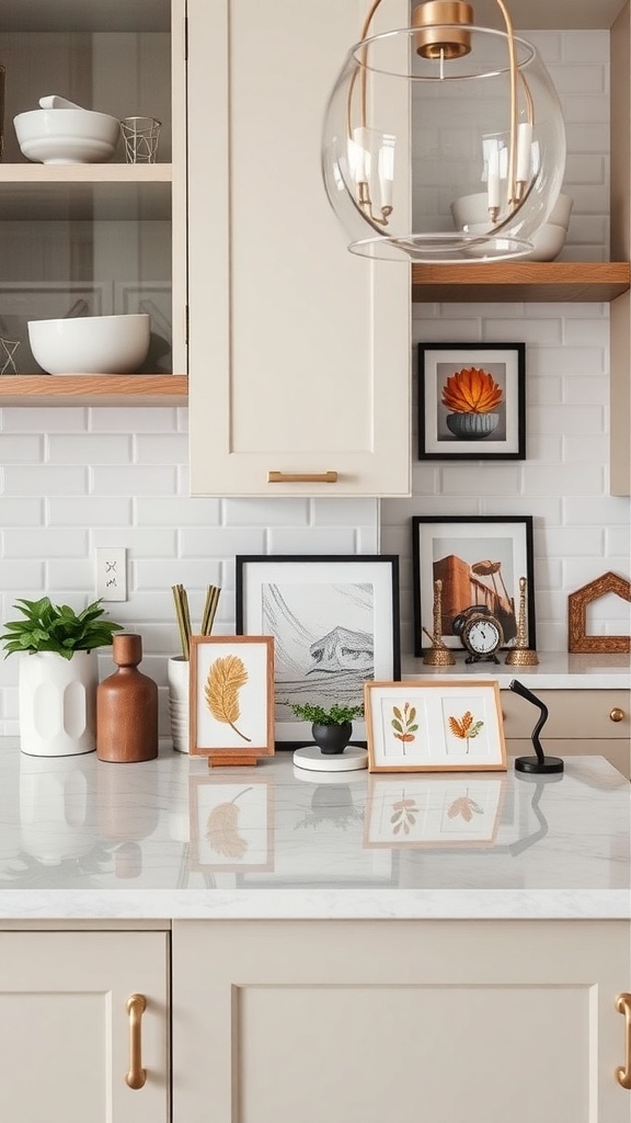 A stylish kitchen counter featuring art pieces and decorative items.