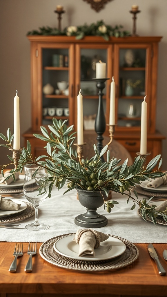 A cozy dining table set with olive branches as a centerpiece, surrounded by candles and elegant tableware.