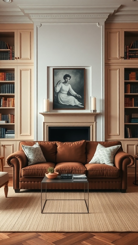 A cozy living room featuring a brown sofa, built-in bookshelves, and elegant millwork.