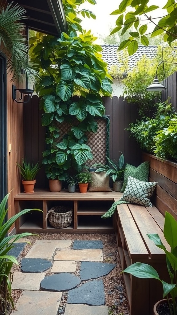 A cozy built-in seating area in a small backyard surrounded by plants and greenery.