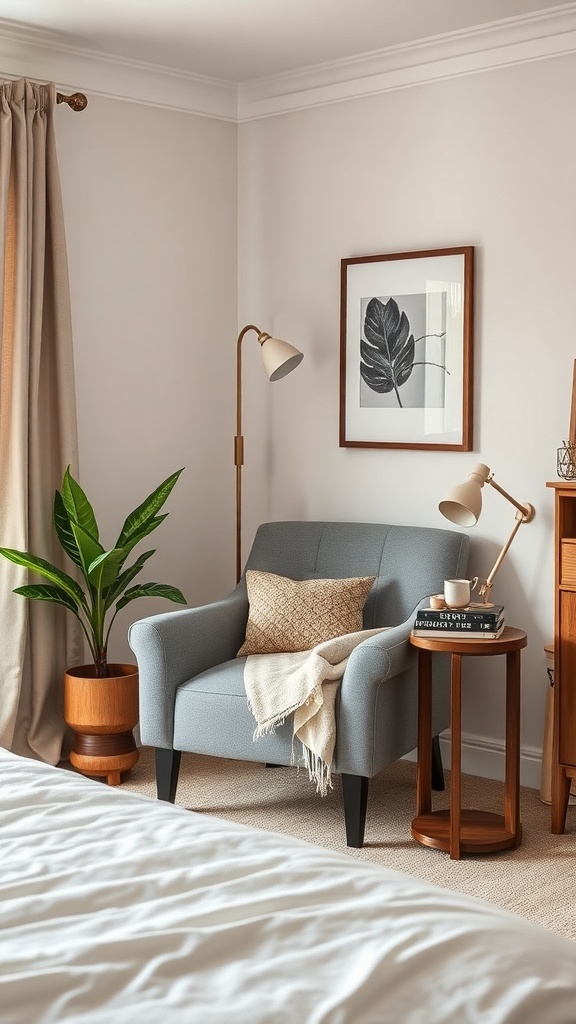 A cozy reading nook featuring a soft chair, side table, and indoor plant.