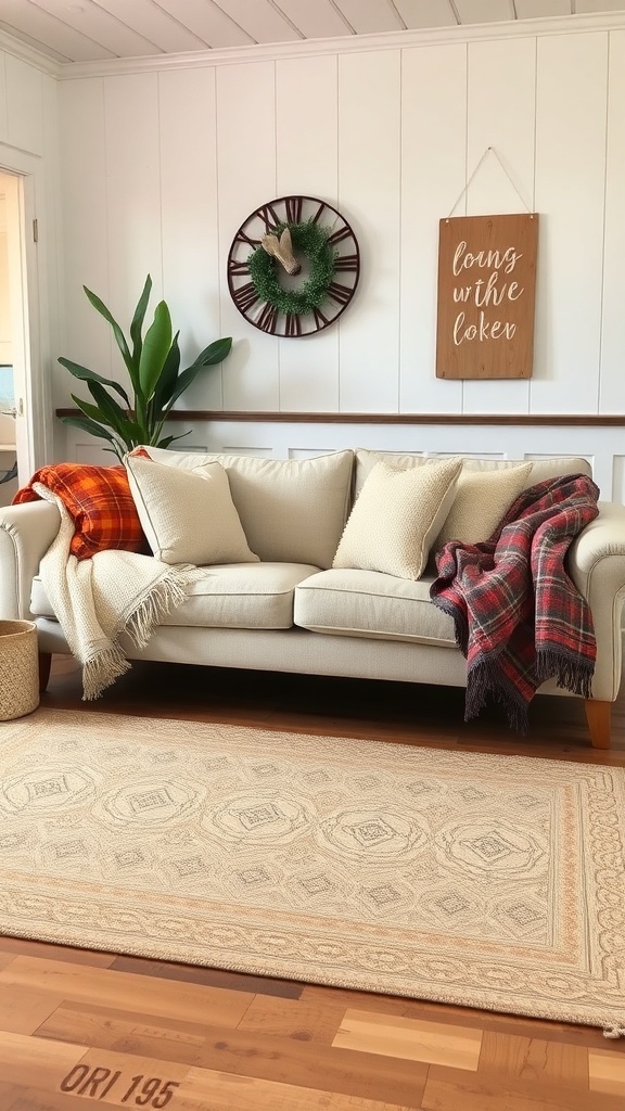 Cozy farmhouse living room with a couch, pillows, and a throw blanket