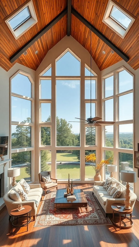 A living room with dramatic floor-to-ceiling windows showcasing a beautiful view of a lake and palm trees.