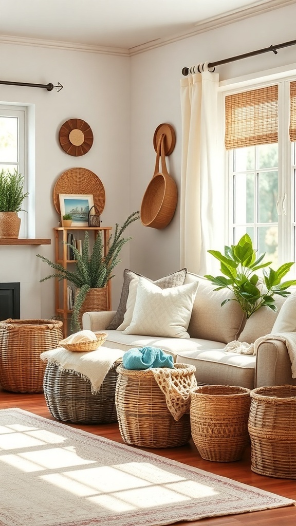 A warm farmhouse living room featuring woven baskets, a cozy sofa, and plants.