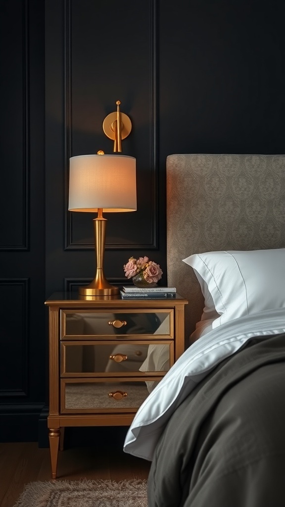 A dark feminine bedroom featuring a golden lamp and a mirrored nightstand against a dark wall.