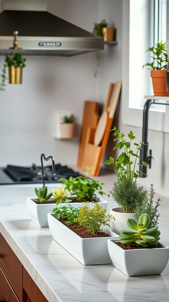 A stylish kitchen counter with various potted plants, including herbs and succulents, enhancing the decor.