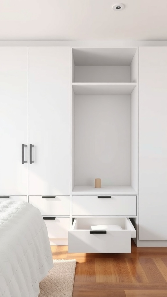 A minimalist bedroom wardrobe with integrated drawers and open shelving, featuring a clean white finish and black handles.