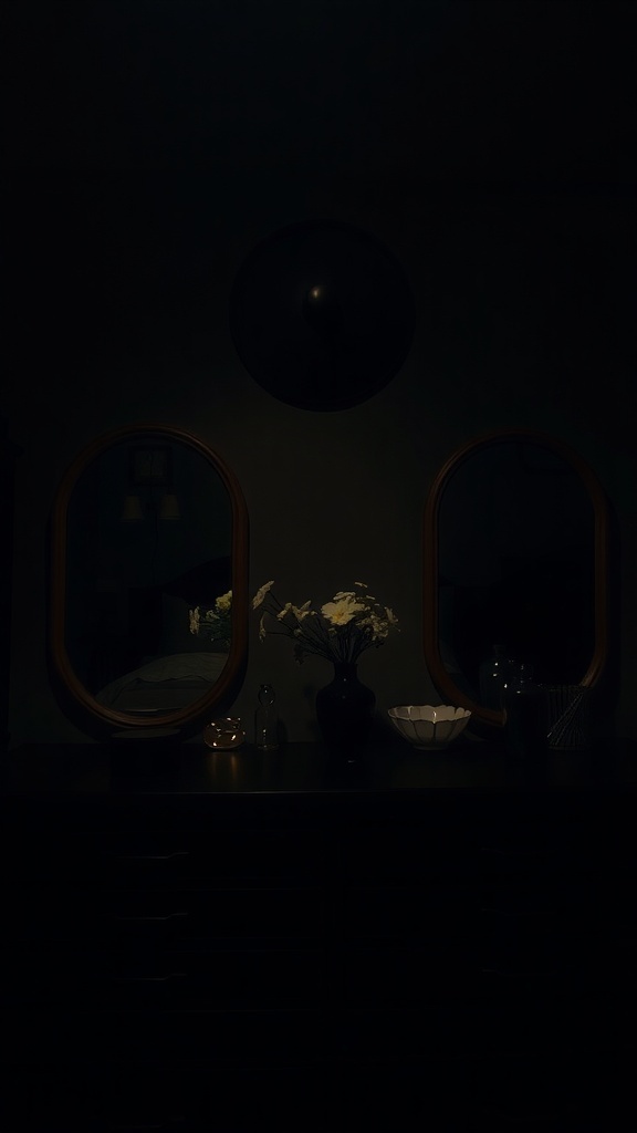 A dark feminine bedroom featuring two round mirrors above a dresser, reflecting soft light and floral decor.