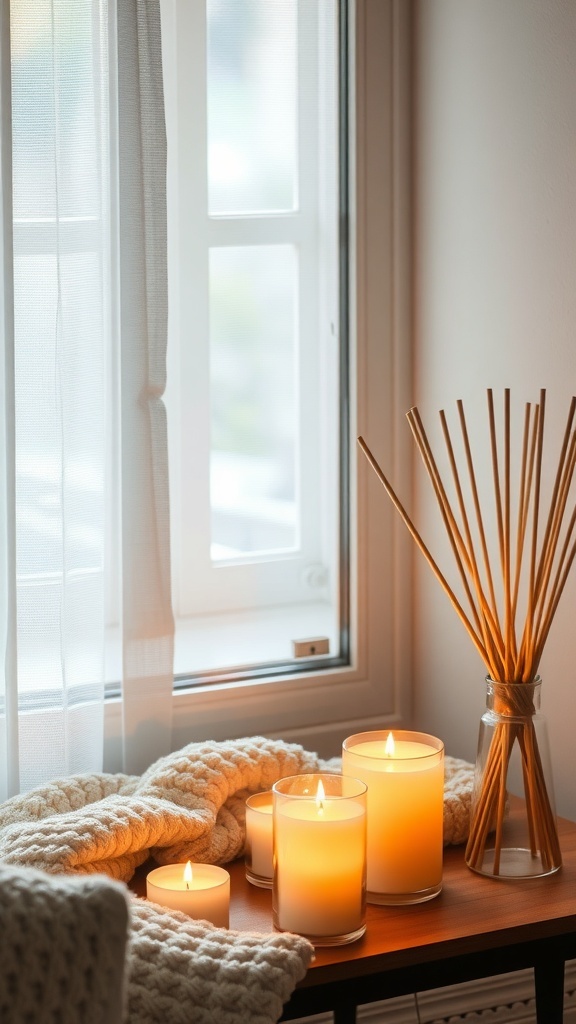 A cozy setup featuring lit candles, a knitted blanket, and a diffuser by a window.