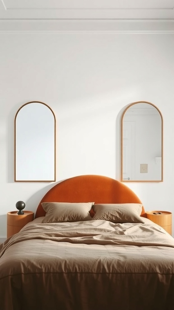 A minimalist bedroom featuring a rounded orange headboard, soft brown bedding, and arched mirrors on the wall.