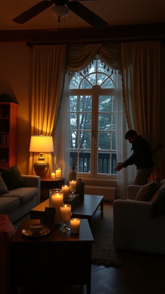 A warm farmhouse living room with soft lighting from lamps and candles, creating a cozy atmosphere.