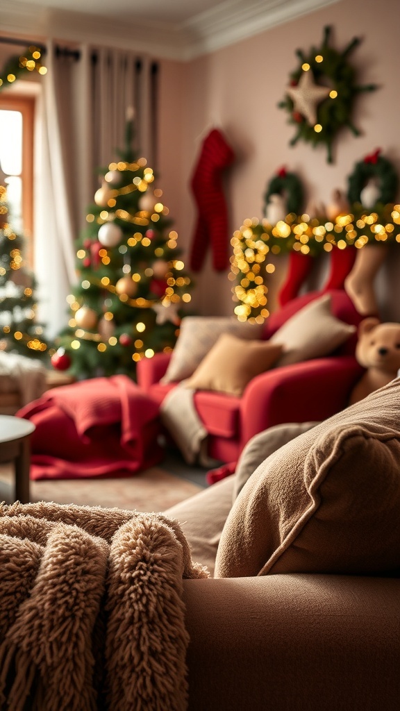 Cozy living room decorated for Christmas with soft textiles and festive decor