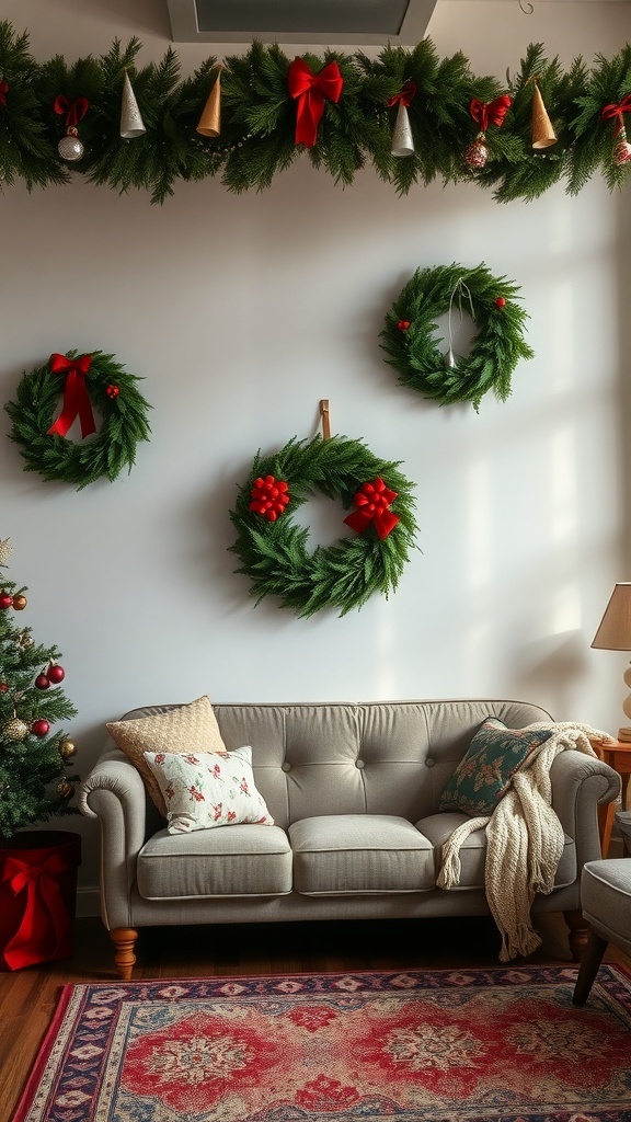 A cozy living room decorated for Christmas with wreaths and garlands on the walls.