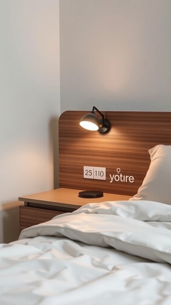 A modern touch lamp mounted on a wall above a wooden bedside table, providing convenient lighting for a bedroom.