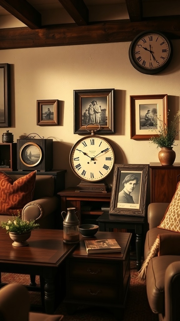 A warm farmhouse living room featuring vintage accents like framed portraits, clocks, and rustic decor.