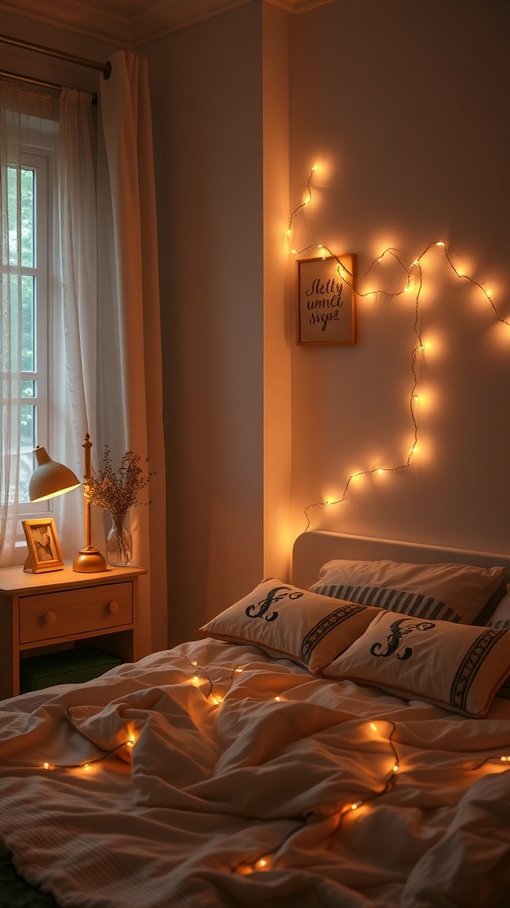 A cozy bedroom with warm ambient lighting, featuring fairy lights and a bedside lamp.