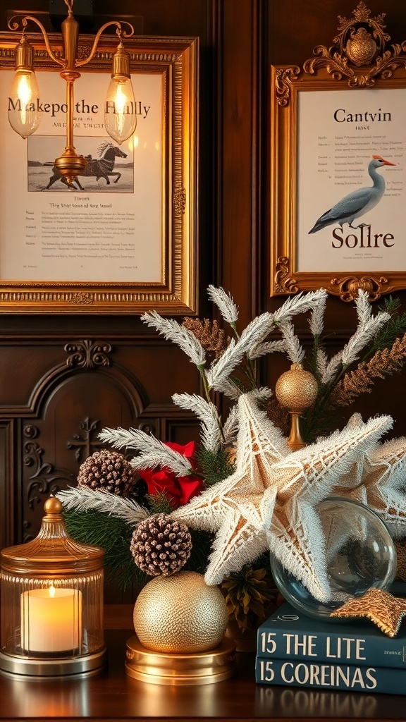 A cozy living room decor featuring warm metallic accents, including gold candle holders and ornaments, alongside natural elements like pinecones and greenery.