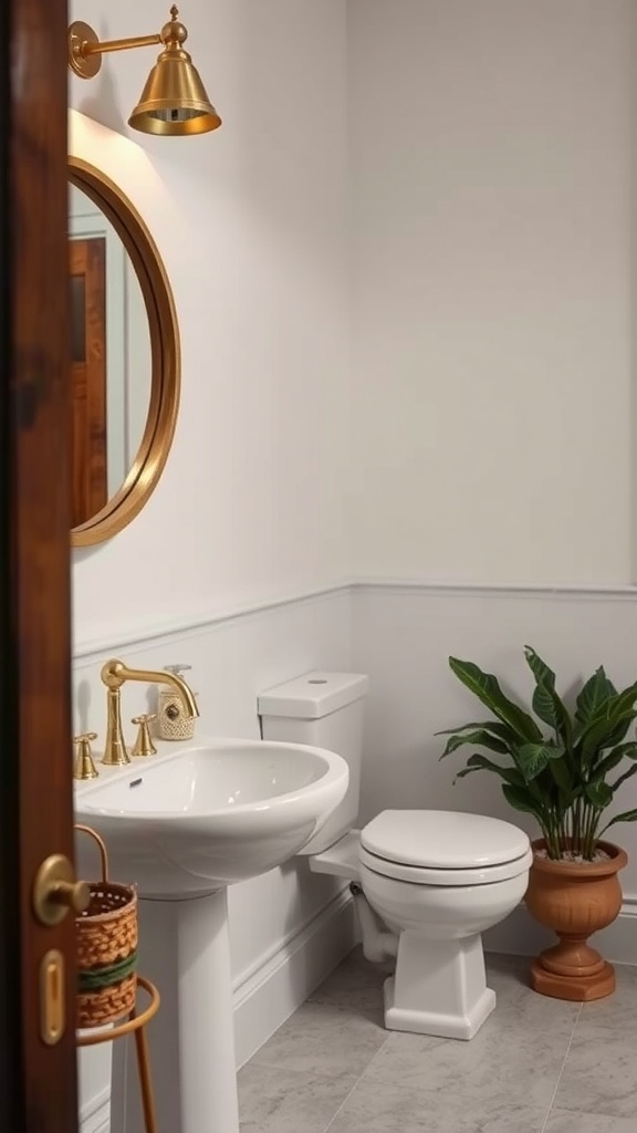 A stylish bathroom featuring brass fixtures, a round mirror, and wooden accents.
