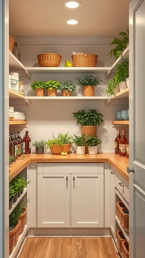 A stylish pantry featuring a small herb garden with various plants on shelves, wooden countertops, and organized storage.