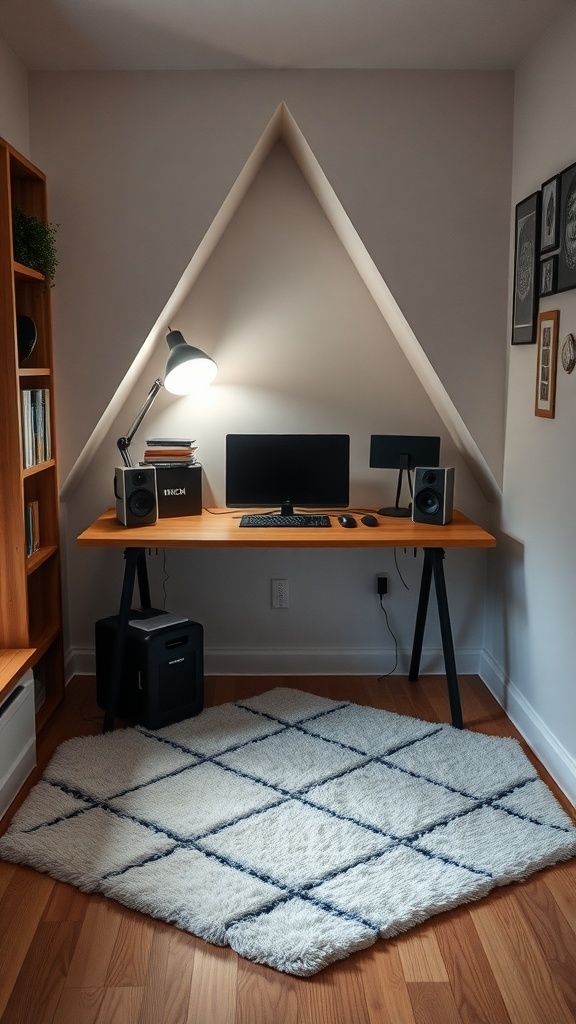 A cozy home office nook featuring a triangular desk, wooden shelves, and a soft rug.