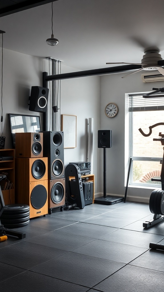 A home gym featuring a sound system with large speakers and a sleek design.