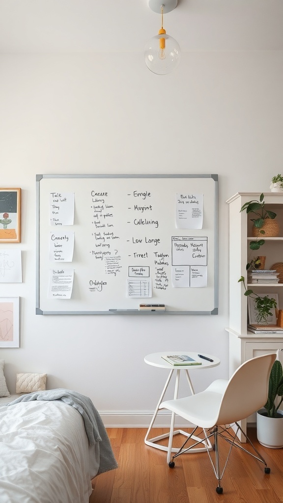 A spacious whiteboard filled with notes and ideas in a cozy bedroom office setup