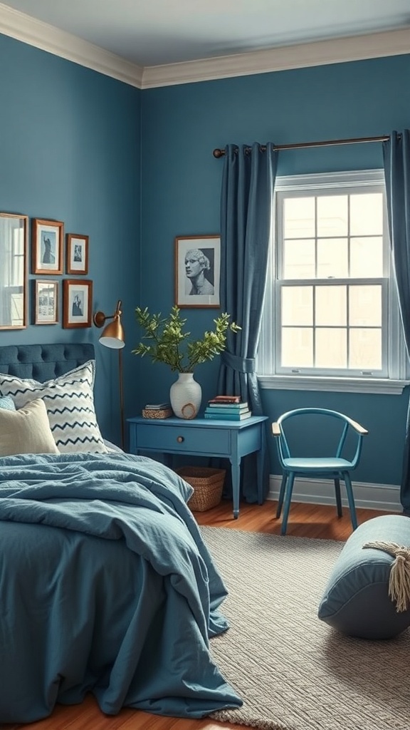A cozy navy blue bedroom with layered bedding, decorative pillows, and stylish accessories.