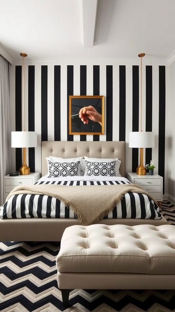 A stylish black and white bedroom featuring bold striped walls, a neutral bed, and contrasting decor.
