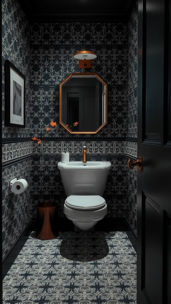 A moody powder room featuring dark floral wallpaper, a patterned floor, and elegant decor.