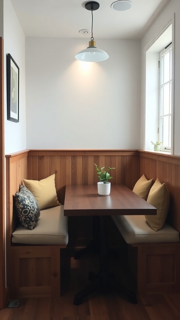 Cozy built-in seating area in a small dining room with a wooden bench, cushions, and a small table.