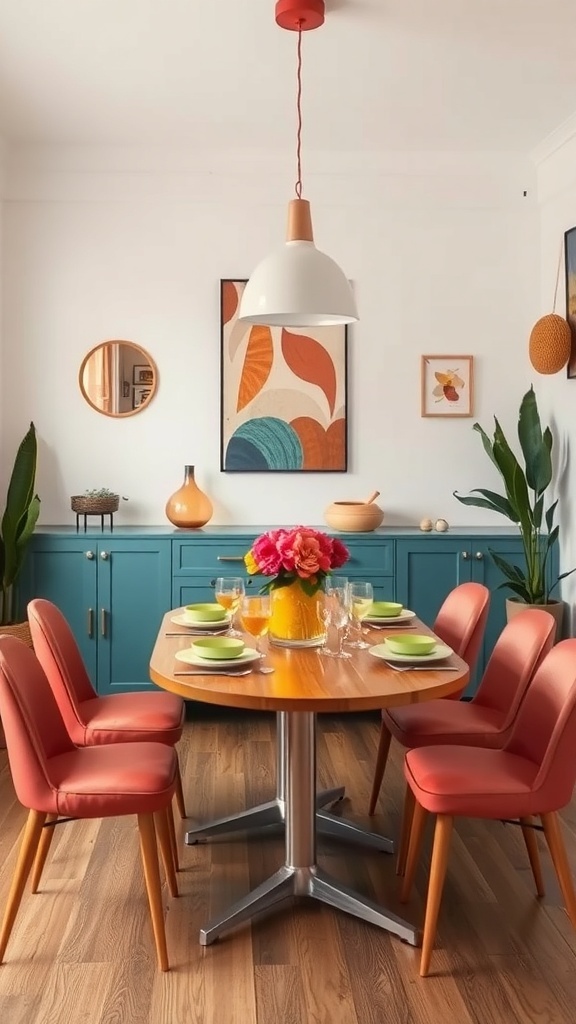 A small dining room featuring coral chairs, a round wooden table, teal cabinetry, and colorful wall art.