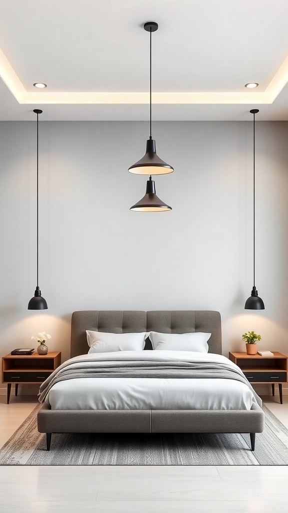 A serene bedroom featuring contemporary pendant lighting above the bed, with a modern aesthetic and cozy atmosphere.