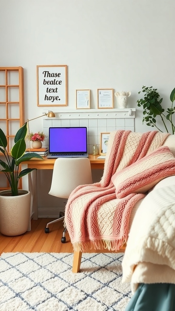 Cozy bedroom workspace with a soft blanket on a chair, a plush rug, and plants in the background.