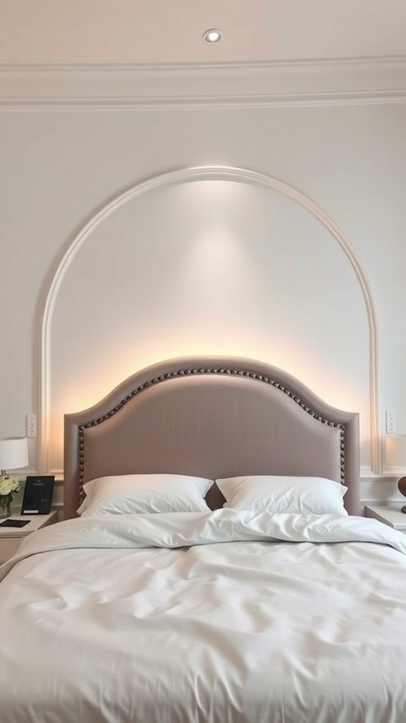 A stylish bedroom featuring a curved headboard wall with soft lighting.
