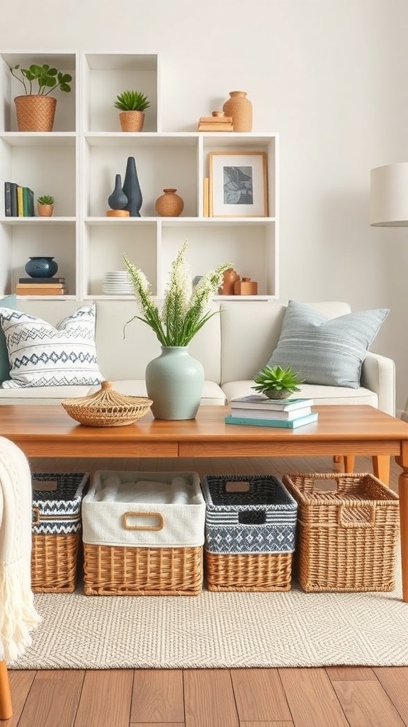 A cozy living room with decorative storage solutions, including woven baskets and stylish decor.
