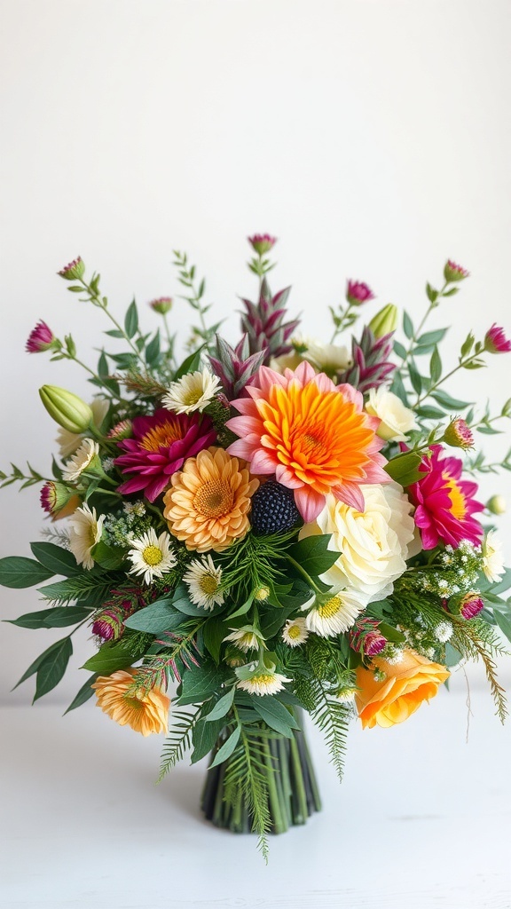 A colorful flower bouquet featuring a mix of flowers and lush greenery.