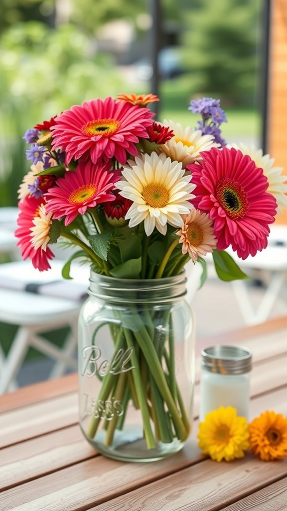 A vibrant arrangement of flowers in a mason jar on a wooden table, perfect for summer gatherings.