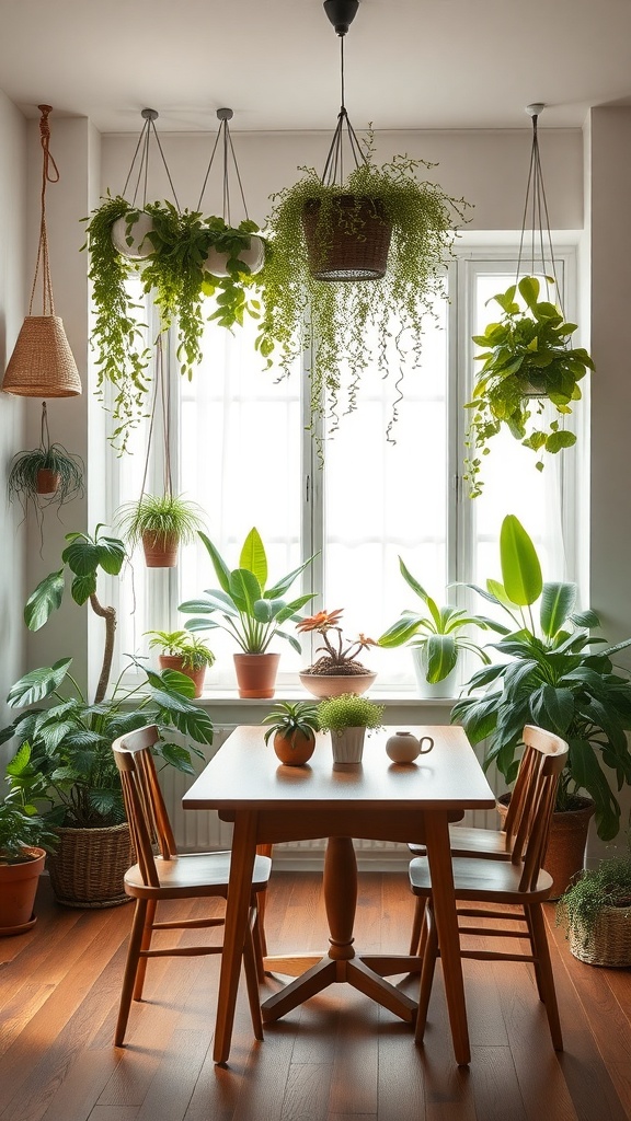 A modern dining room with a wooden table and chairs surrounded by various indoor plants and hanging planters.