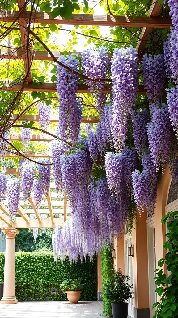 A pergola with cascading wisteria flowers, creating a natural and inviting outdoor space.
