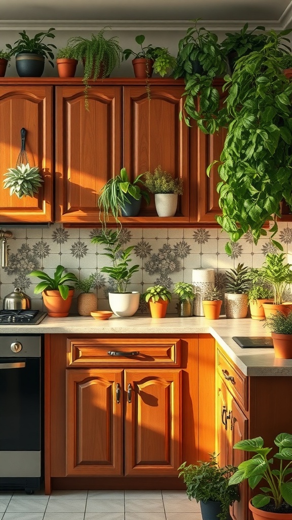 A kitchen with brown cabinets adorned with various potted plants, creating a fresh and inviting atmosphere.